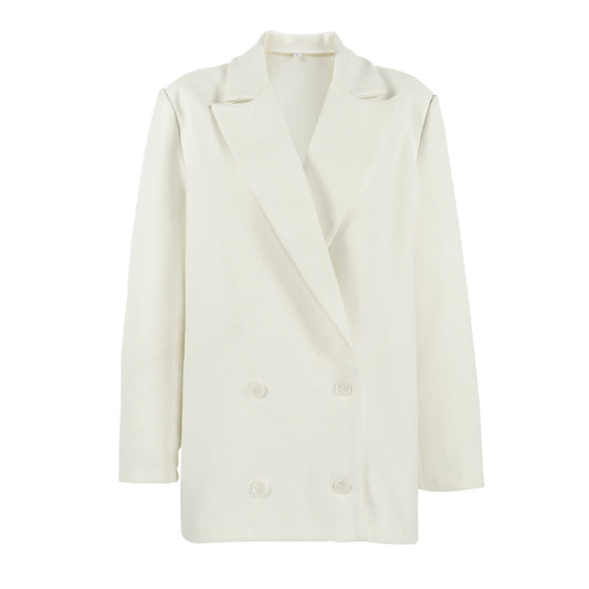 Blazer largo de lana beige de doble botonadura y corte holgado