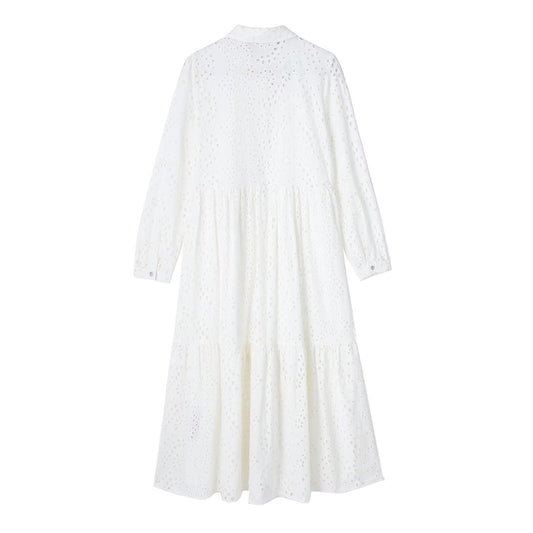 Vestido midi de manga larga con bordado y calado