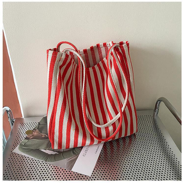 Bolso Tote de Lona a Rayas de Gran Capacidad Estilo Minimalista