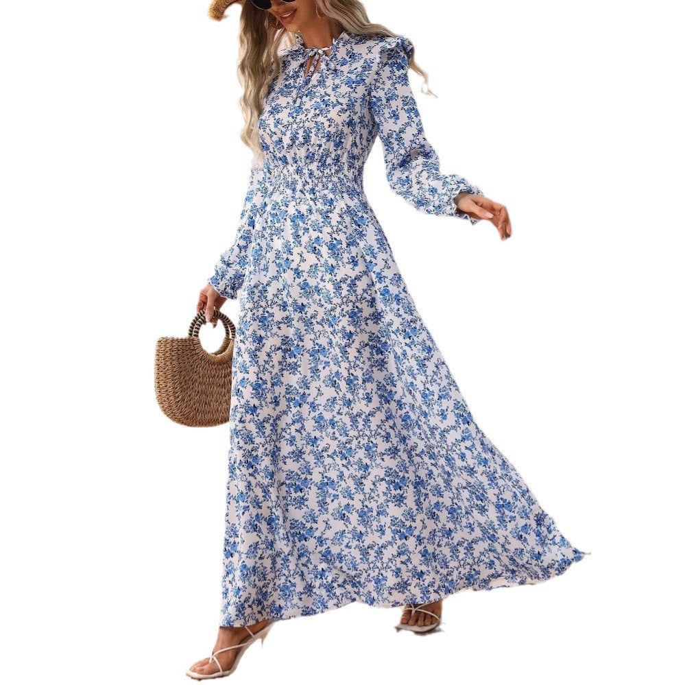 Vestido largo floral elegante de mujer con cinturón, estilo casual