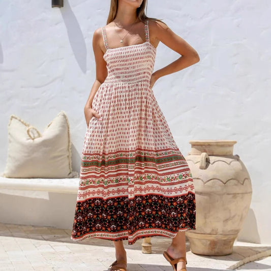 Vestido midi de verano sin mangas con tirantes ajustables y bolsillos