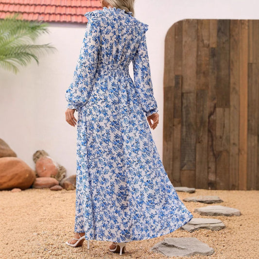 Vestido largo floral elegante de mujer con cinturón, estilo casual
