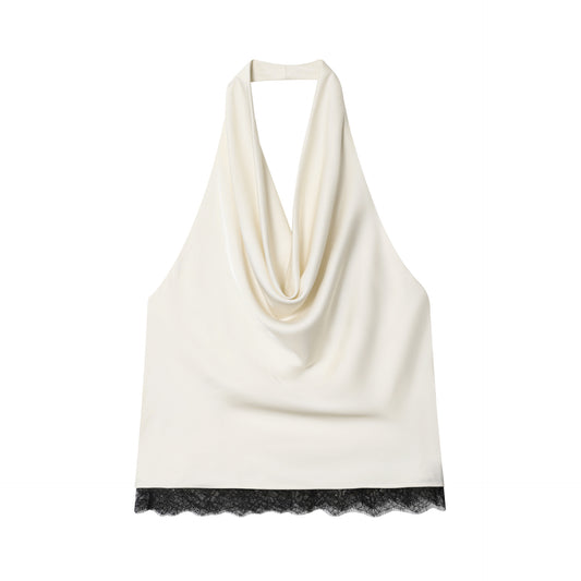 Conjunto de top halter de encaje y falda midi de satén