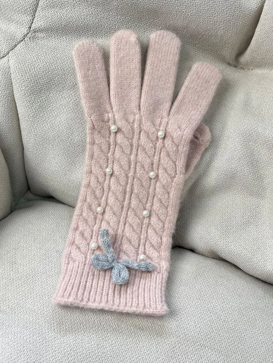 Guantes Térmicos de Lana con Detalle de Perla y Lazo