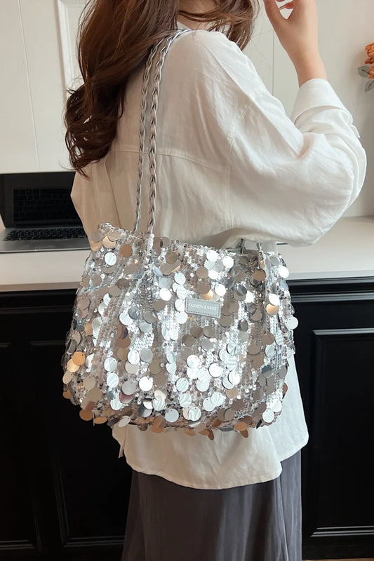 Bolso de Hombro de PVC con Lentejuelas y Correa Trenzada