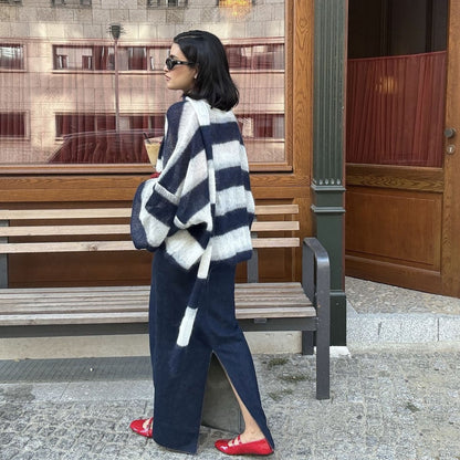 Loose And Idle Striped Sweater Cardigan With Scarf-3