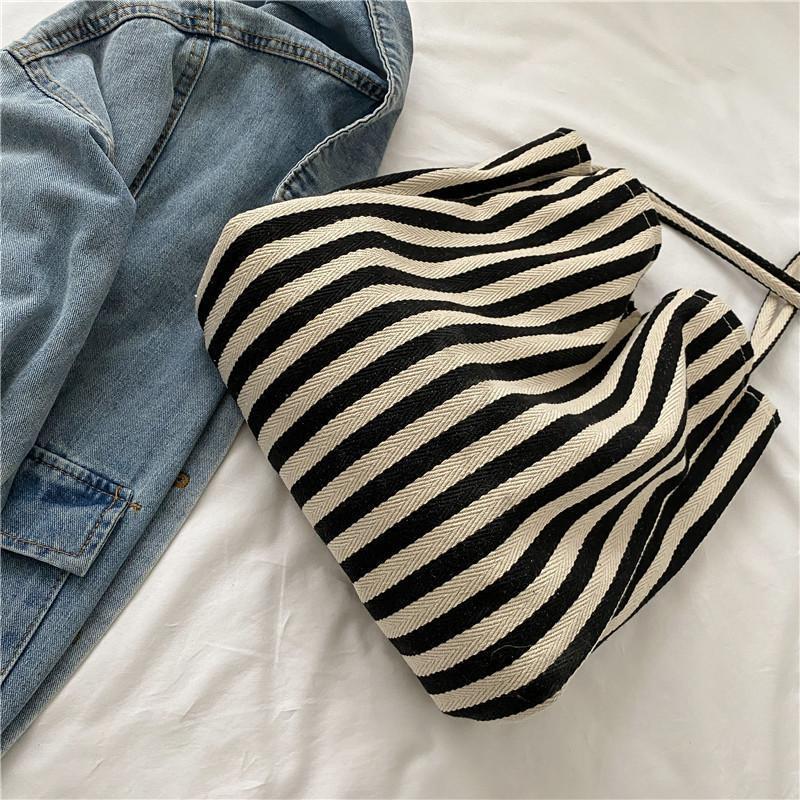Bolso Tote de Lona a Rayas de Gran Capacidad Estilo Minimalista