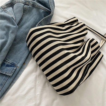 Bolso Tote de Lona a Rayas de Gran Capacidad Estilo Minimalista