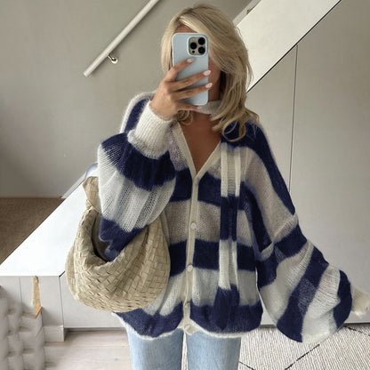 Loose And Idle Striped Sweater Cardigan With Scarf-0