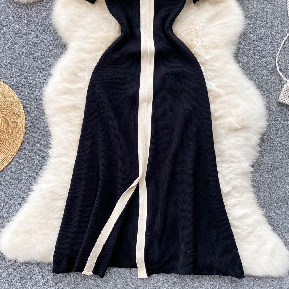 Vestido midi de punto estilo francés con cuello en V