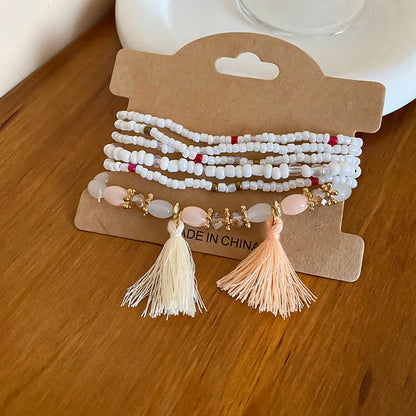 Pulsera de Cuentas de Arroz con Flecos y Cristal Chapada en Oro
