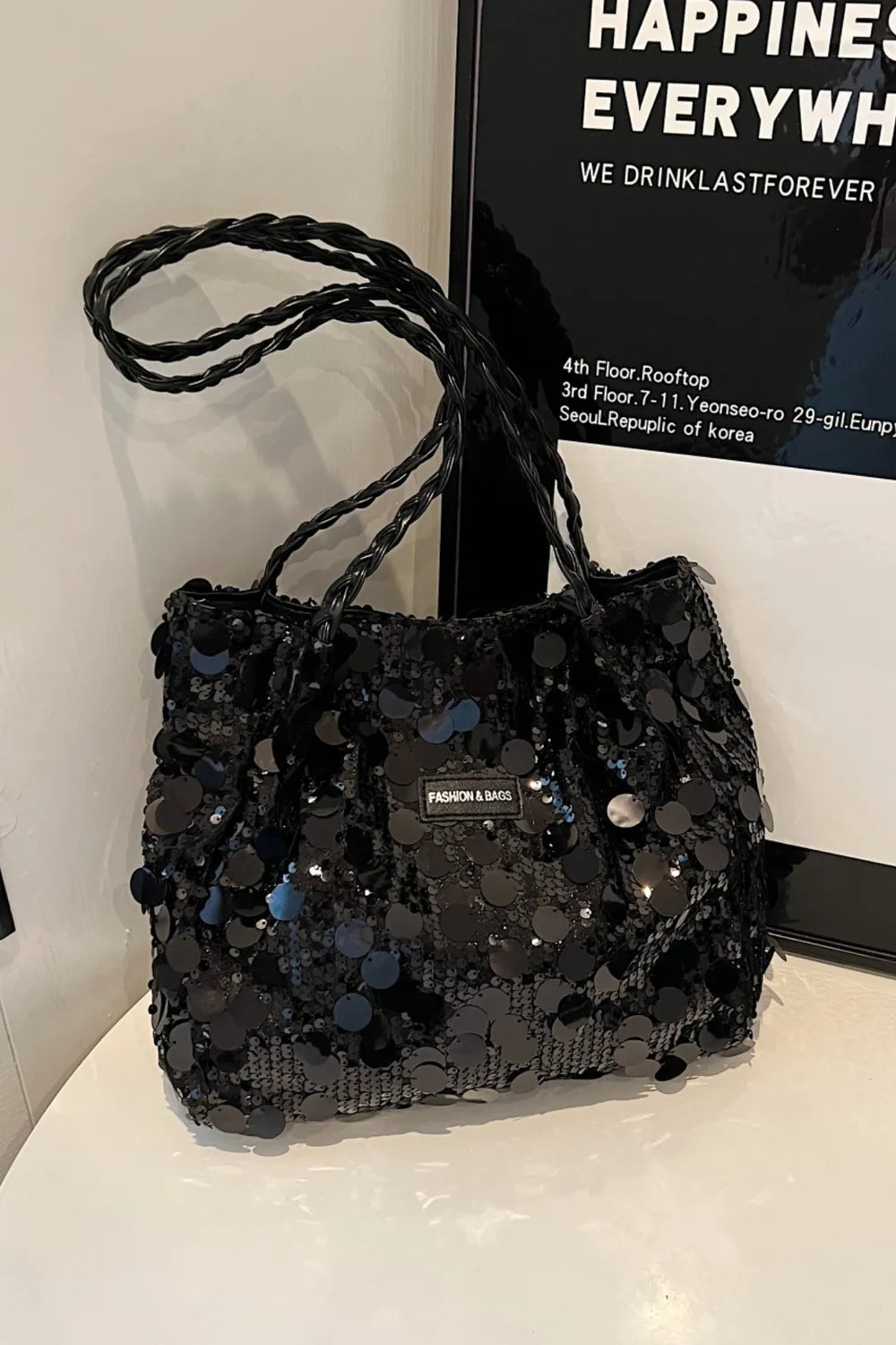 Bolso de Hombro de PVC con Lentejuelas y Correa Trenzada