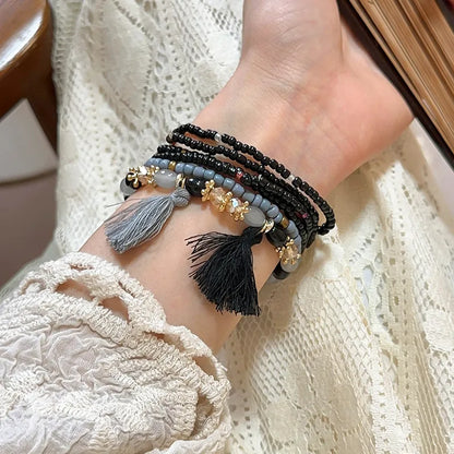 Pulsera de Cuentas de Arroz con Flecos y Cristal Chapada en Oro