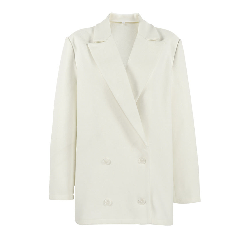 Blazer largo de lana beige de doble botonadura y corte holgado