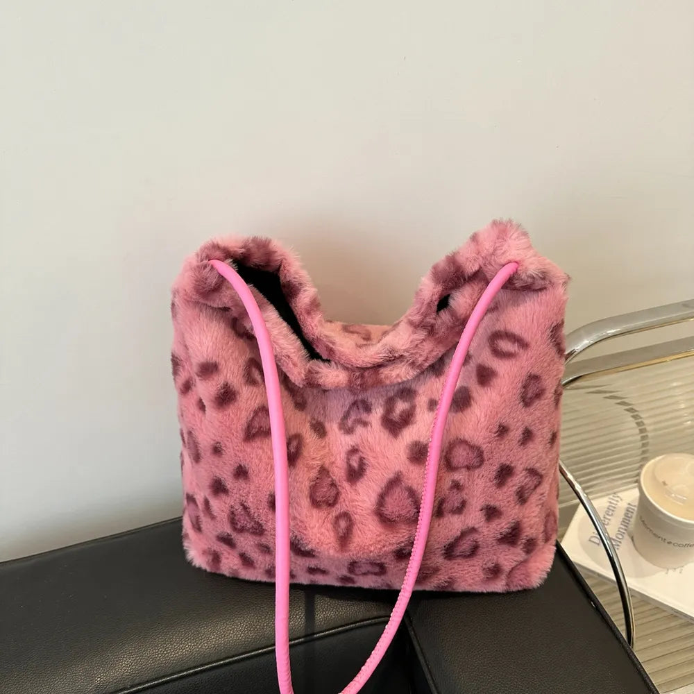 Bolso de Hombro de Pelo Sintético con Estampado de Leopardo