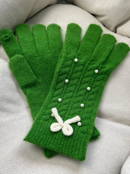 Guantes Térmicos de Lana con Detalle de Perla y Lazo