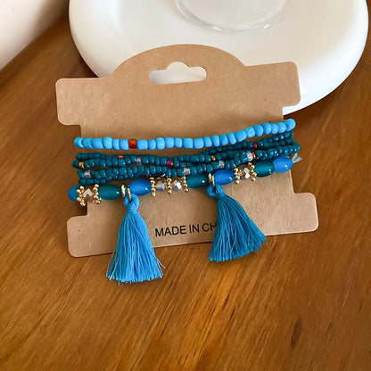 Pulsera de Cuentas de Arroz con Flecos y Cristal Chapada en Oro