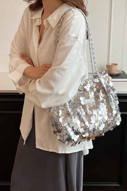 Bolso de Hombro de PVC con Lentejuelas y Correa Trenzada