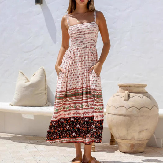 Vestido midi de verano sin mangas con tirantes ajustables y bolsillos