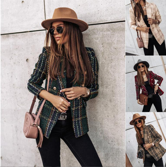 Blazer estampado de doble botonadura con solapa y manga larga