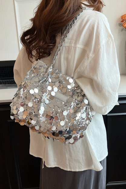Bolso de Hombro de PVC con Lentejuelas y Correa Trenzada