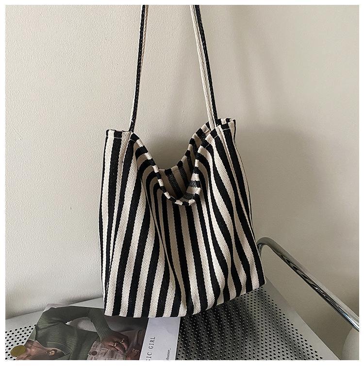 Bolso Tote de Lona a Rayas de Gran Capacidad Estilo Minimalista