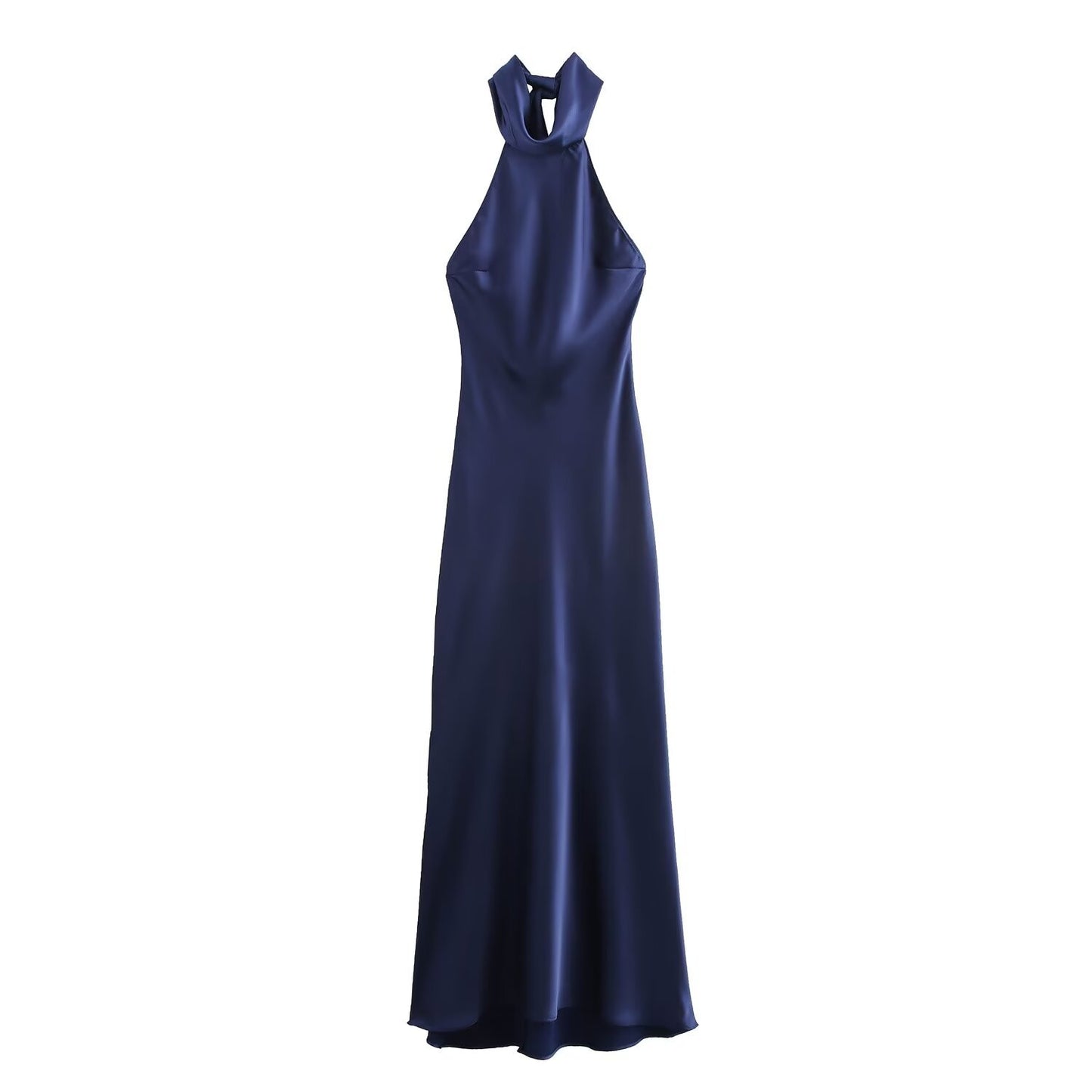 Mono largo de satén con cuello halter y falda fluida