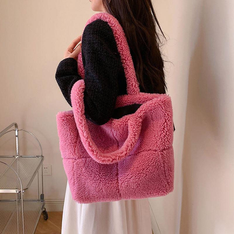 Women's Designer Luxury Plush Bag Winter Fashion Cute Tote Handbags Large Capacity Portable Single Shoulder Furry Bags-0