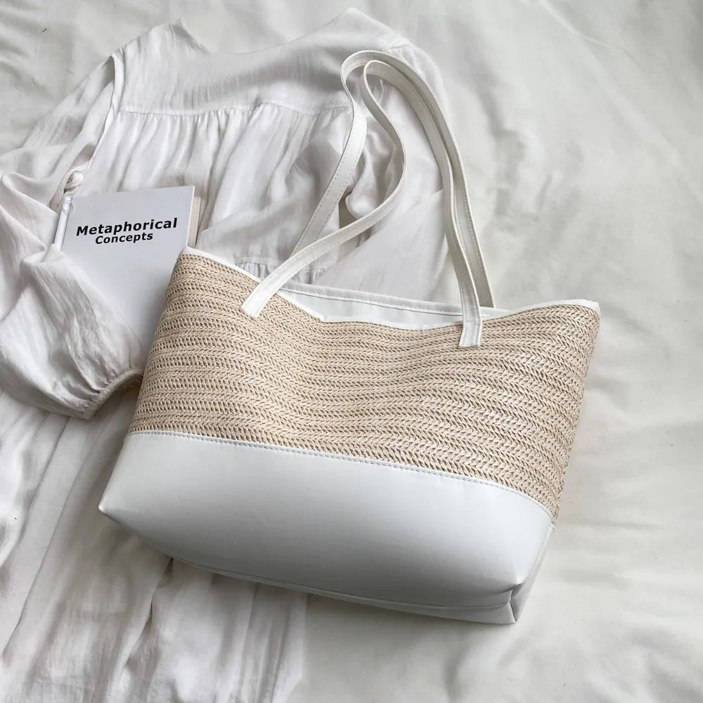 Bolso Tote de Paja Tejida con Asa de Cuero