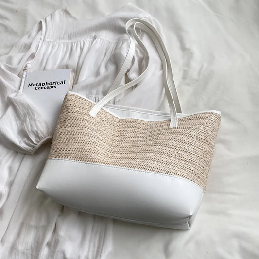 Bolso Tote de Paja Tejida con Asa de Cuero