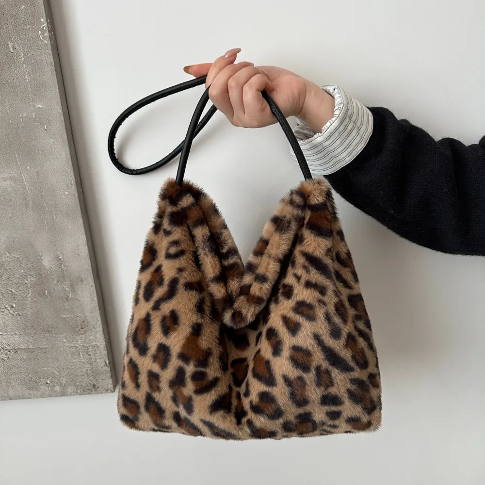 Bolso de Hombro de Pelo Sintético con Estampado de Leopardo