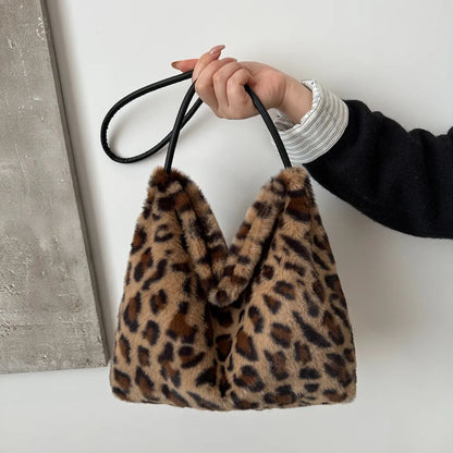 Bolso de Hombro de Pelo Sintético con Estampado de Leopardo