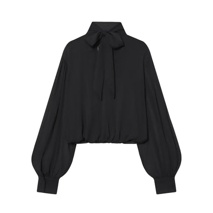 Top tipo camisa semitransparente con diseño abullonado y pliegues