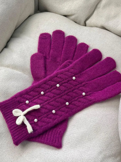 Guantes Térmicos de Lana con Detalle de Perla y Lazo