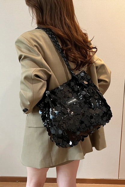 Bolso de Hombro de PVC con Lentejuelas y Correa Trenzada