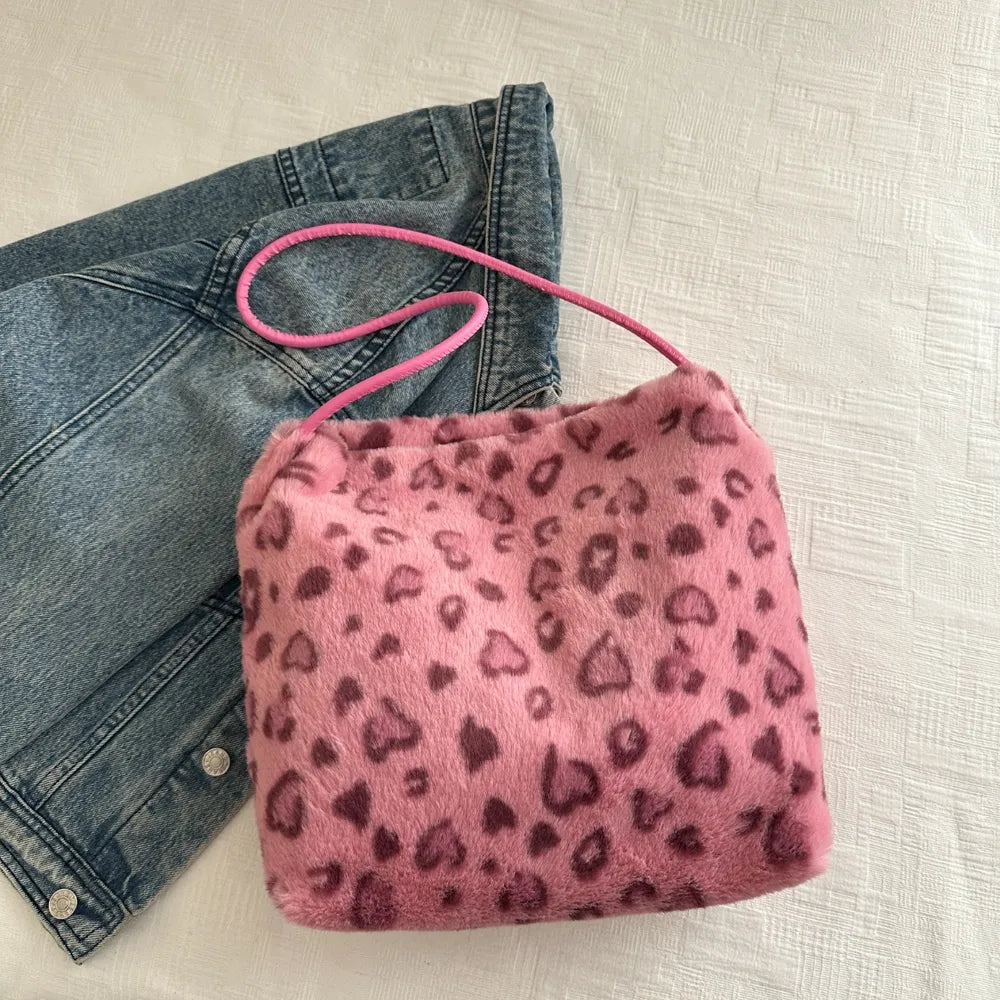 Bolso de Hombro de Pelo Sintético con Estampado de Leopardo