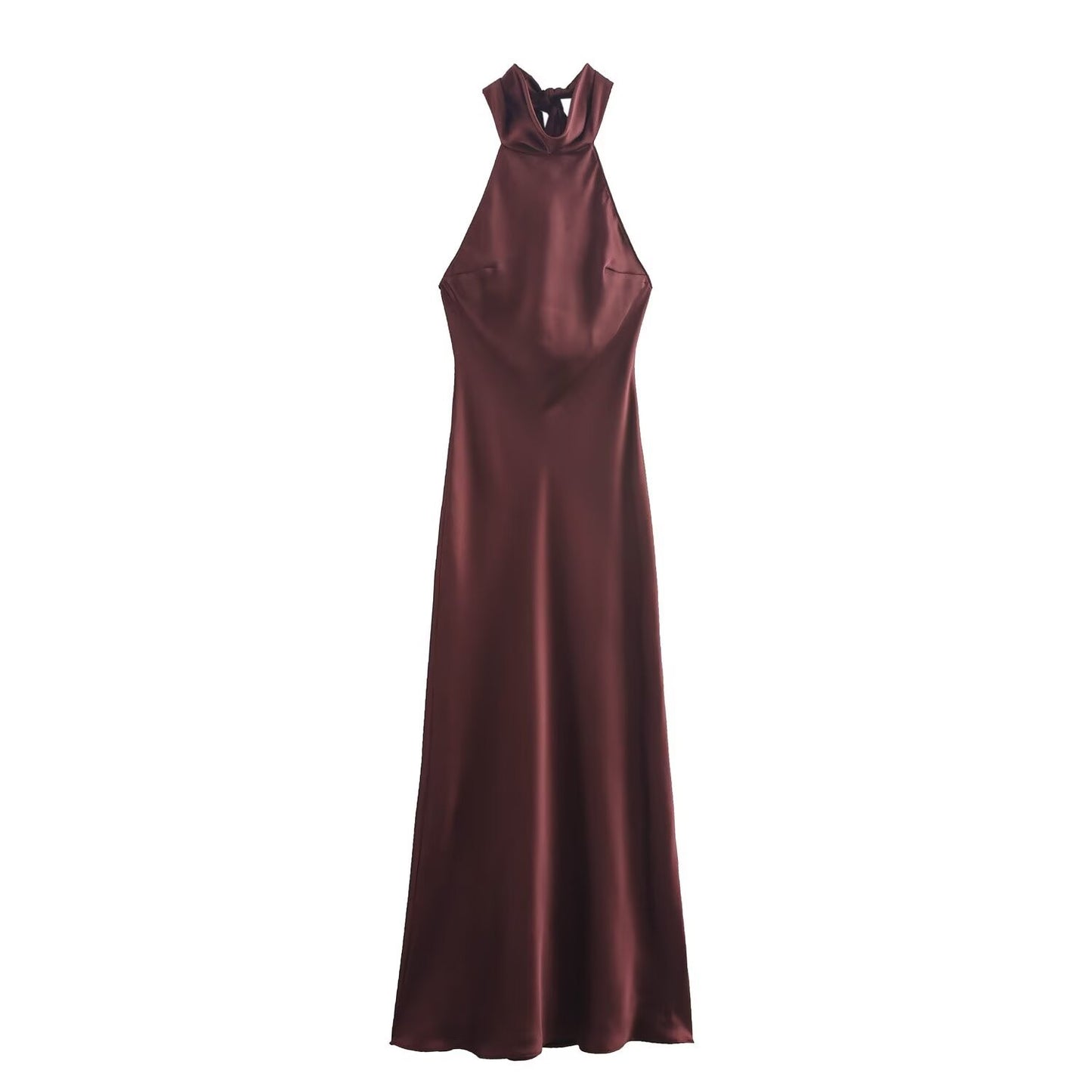 Mono largo de satén con cuello halter y falda fluida