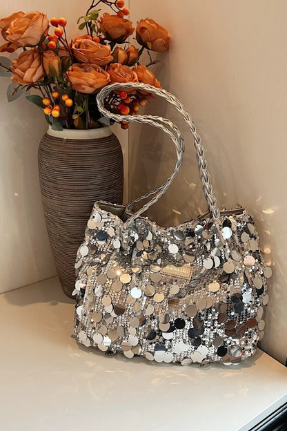 Bolso de Hombro de PVC con Lentejuelas y Correa Trenzada