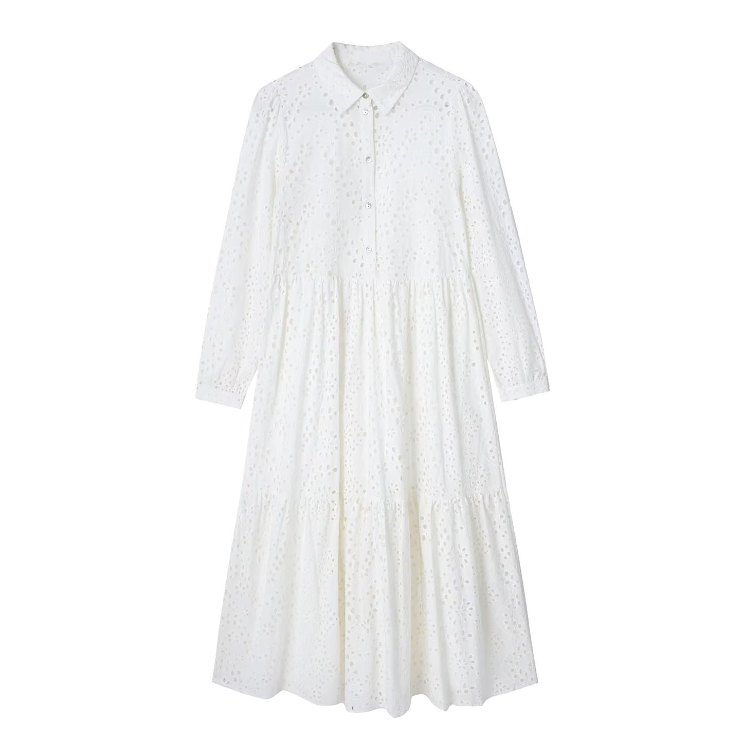 Vestido midi de manga larga con bordado y calado