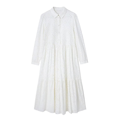 Vestido midi de manga larga con bordado y calado