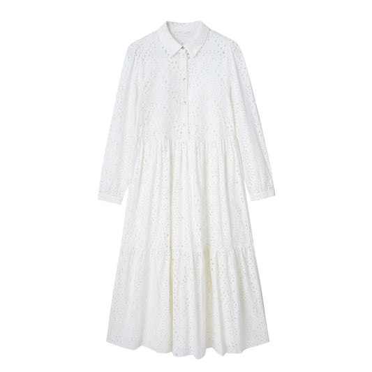 Vestido midi de manga larga con bordado y calado
