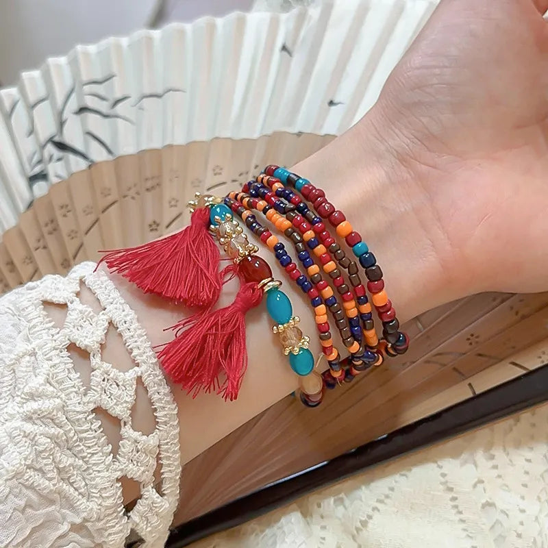 Pulsera de Cuentas de Arroz con Flecos y Cristal Chapada en Oro