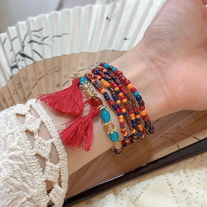 Pulsera de Cuentas de Arroz con Flecos y Cristal Chapada en Oro