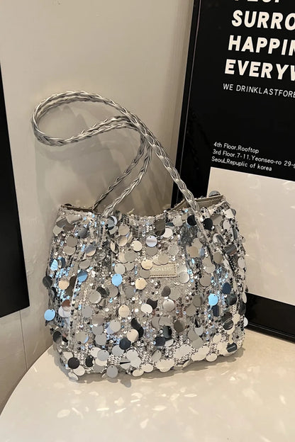 Bolso de Hombro de PVC con Lentejuelas y Correa Trenzada