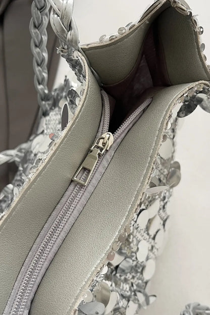 Bolso de Hombro de PVC con Lentejuelas y Correa Trenzada