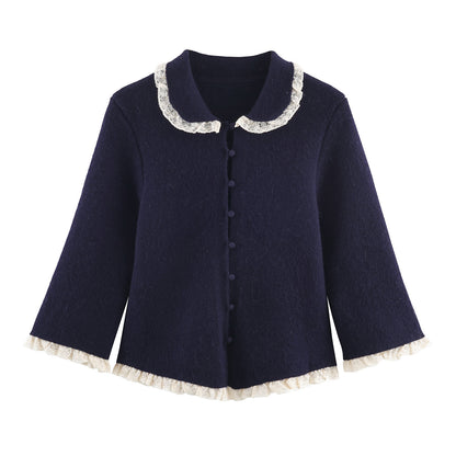 Chaqueta de punto con encaje y cuello redondo