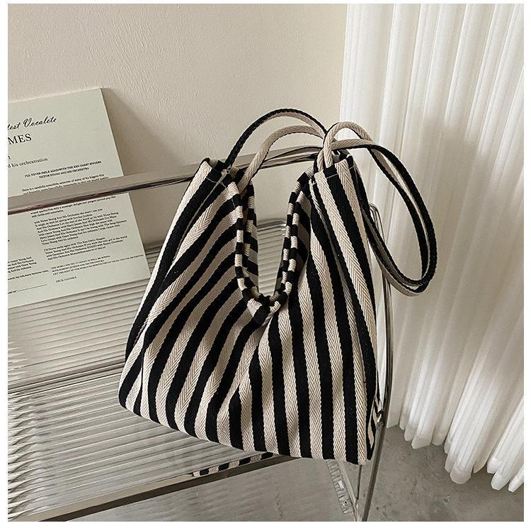 Bolso Tote de Lona a Rayas de Gran Capacidad Estilo Minimalista