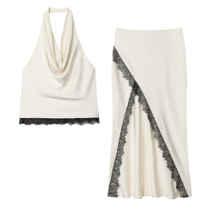 Conjunto de top halter de encaje y falda midi de satén