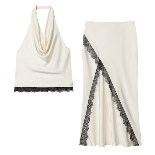 Conjunto de top halter de encaje y falda midi de satén