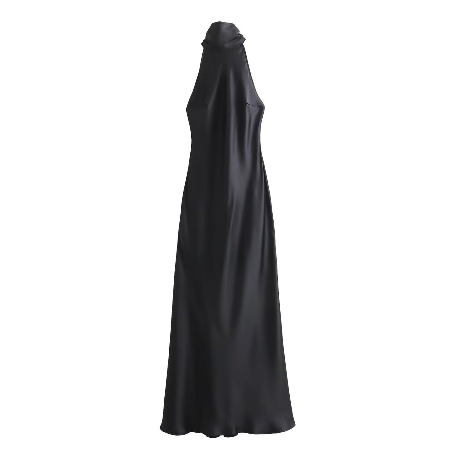 Mono largo de satén con cuello halter y falda fluida